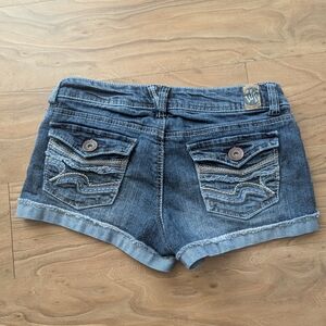 Blue Jean Shorts with Cuffed Legs and Decorative Stitching